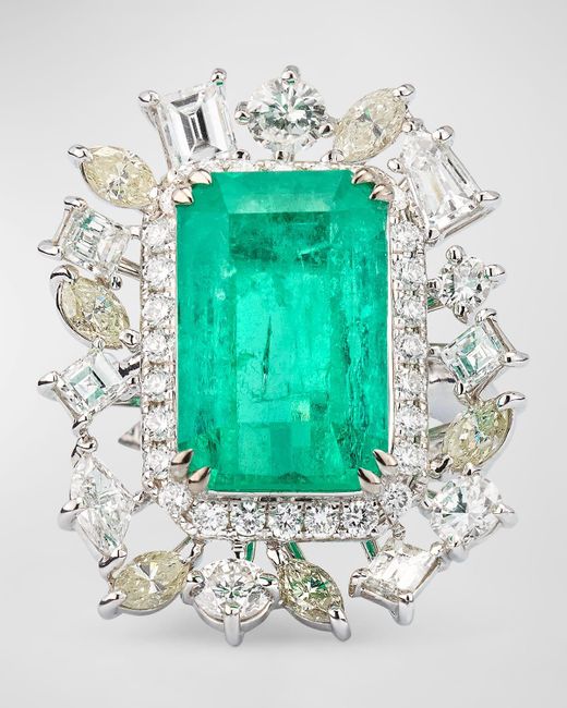 Alexander Laut Multicolor 18K Emerald Ring With Round, Marquise And Emerald Cut Diamonds, Size 6.5