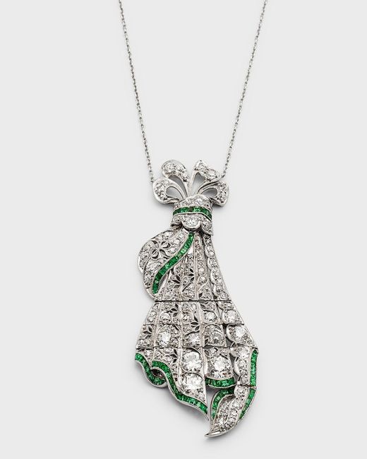 NM Estate White Estate Heller Rose Platinum Diamond And Calibre Emerald Flexible Bow Pendant Necklace