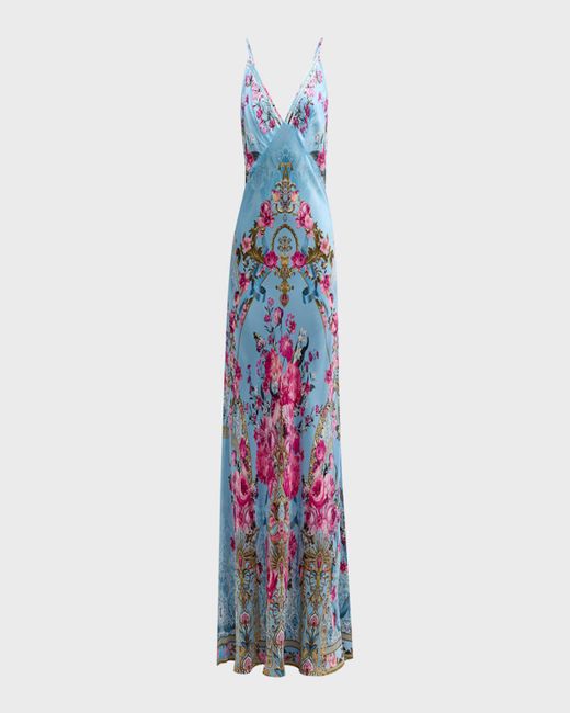 Camilla Blue V-Neck Long Bias Silk Slip Dress With Train
