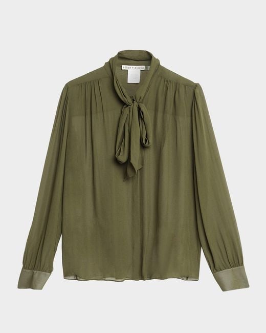 Alice + Olivia Green Thayer Tie-Neck Sheer Blouse