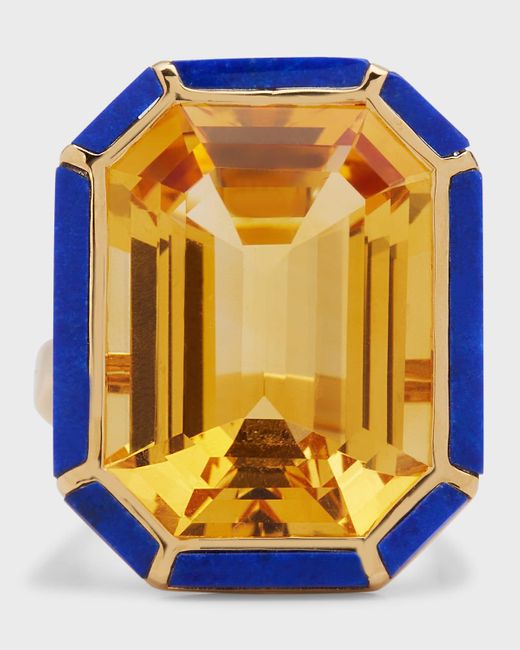 Goshwara Blue 18k Yellow Gold Emerald-cut Ring With Citrine And Lapis Lazuli