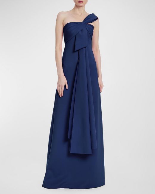 Badgley Mischka Blue Strapless Draped Bow-Front Gown