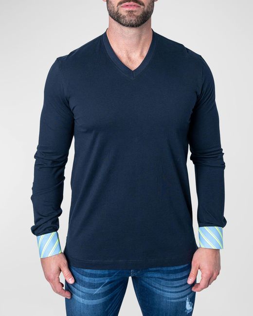 Maceoo V Neck Sweater With Shirt Cuffs In Blue For Men Lyst