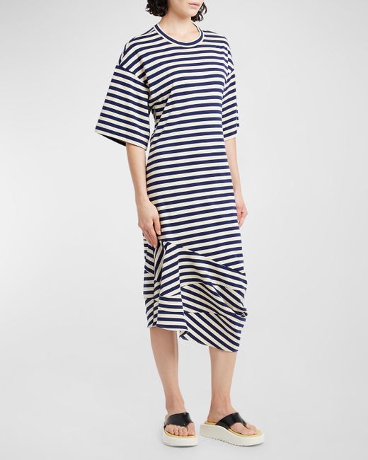 Plan C Blue Patchwork Striped Short-sleeve Midi T-shirt Dress