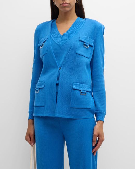 Misook Blue Tailored Metallic Accent Ribbed Flat Knit Jacket