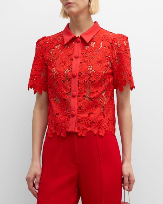 MILLY Red Addison Roja Cropped Floral Lace Top