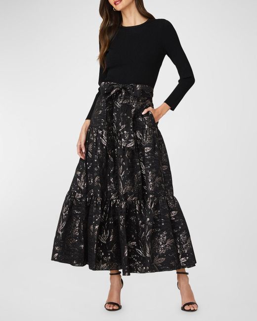 Shoshanna Black Mannor Tie-Waist Botanical Jacquard Combo Gown