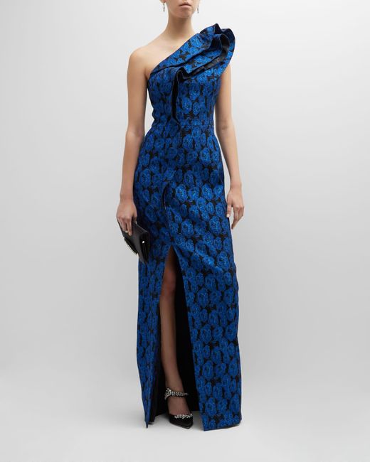 Teri Jon Jacquard Ruffle Trim Gown in Blue | Lyst