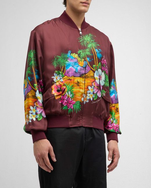 Dolce & Gabbana Red Hawaiian-Print Silk Bomber Jacket for men