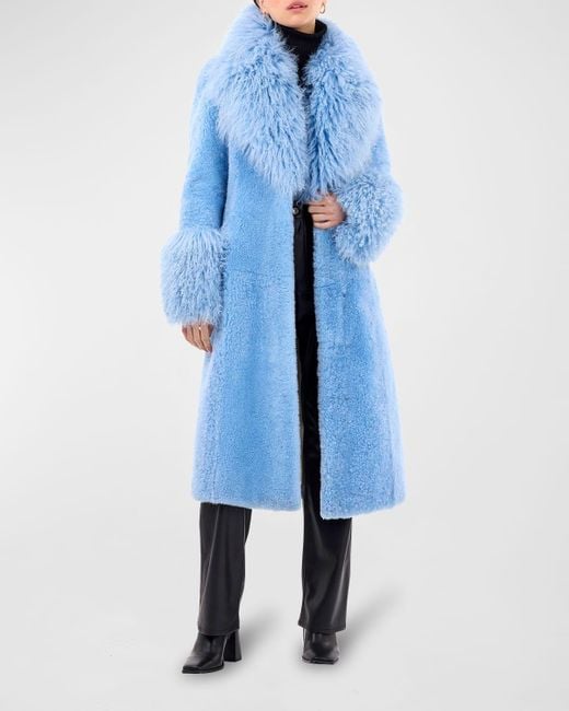 Gorski Cashmere Goat Long Coat With Mongolian Lamb Trim in Blue | Lyst