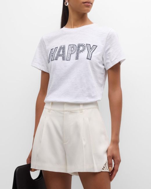 Cinq À Sept White Embroidered Happy Short-Sleeve Cotton Tee