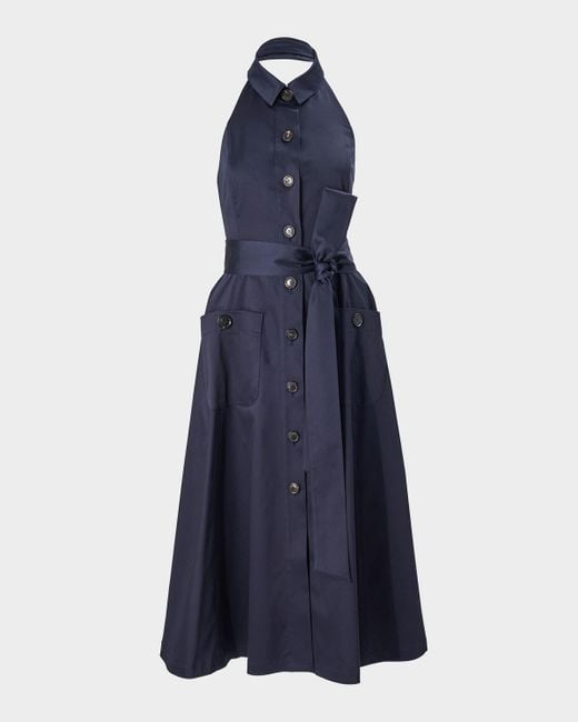 Carolina Herrera Blue Collared Button-Front Halter Midi Dress