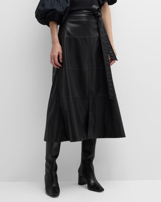 Tanya Taylor Black Hudson Faux Leather Belted Tiered Seam Midi Skirt