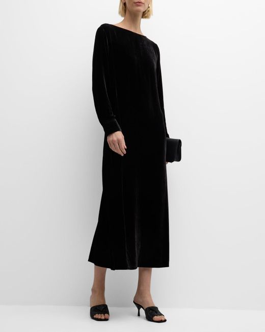 Eileen Fisher Black Bateau-Neck Velvet Midi Shift Dress