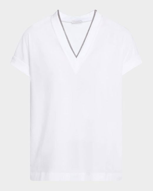Brunello Cucinelli White Monili V-Neck Short-Sleeve Cotton Jersey T-Shirt