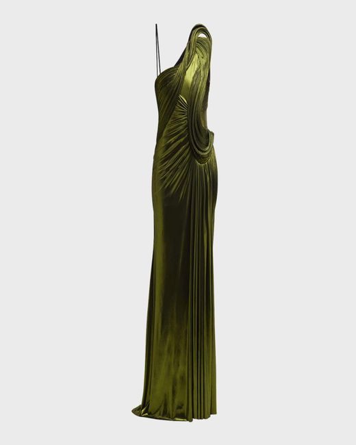 Gaurav Gupta Green Sculpted Wave One-Shoulder Gown