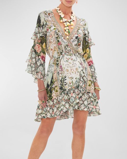 Camilla Multicolor Ruffled Silk Short Wrap Dress