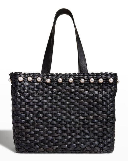 BTB Los Angeles Thea Pearly Woven Straw Tote Bag in Black | Lyst