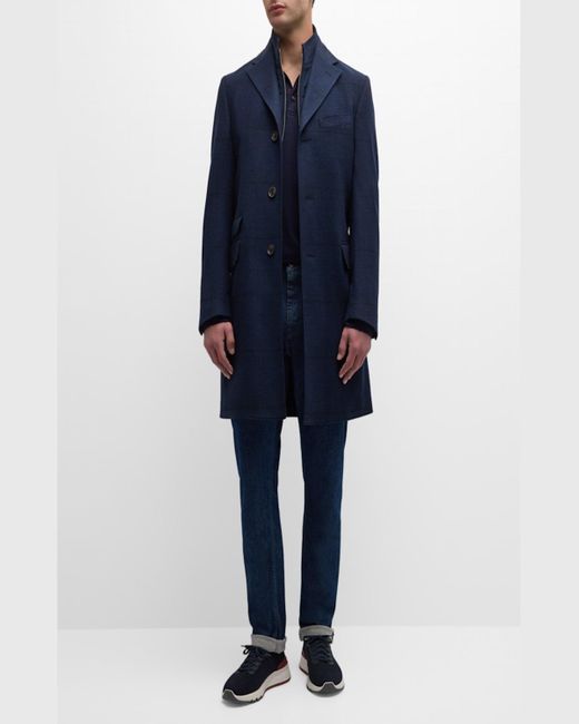 Corneliani Blue Plaid Wool-Cashmere Topcoat for men