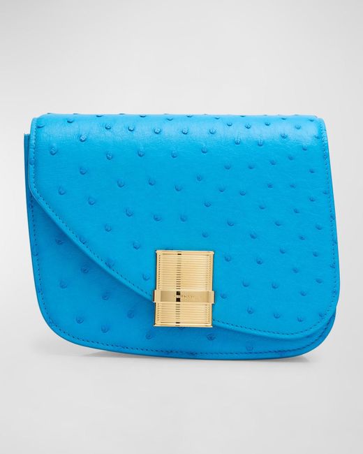 Ferragamo Blue Fiamma Small Ostrich Crossbody Bag