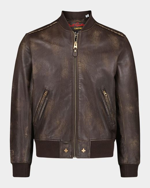Robert Graham Brown Leather Embroidered-Damask Bomber Jacket for men