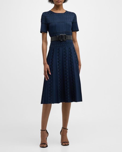 Carolina Herrera Blue Short-Sleeve Pointelle Pleated Knit Dress