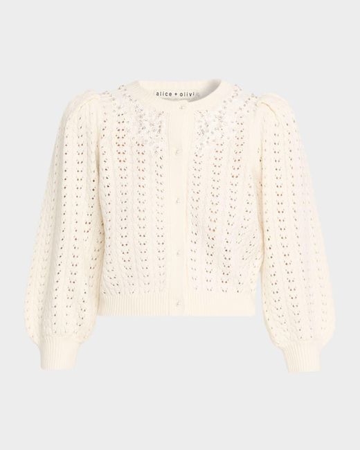 Alice Olivia Women's Natural Doris Embellished Puff-Sleeve Cardigan