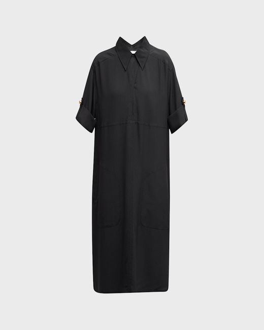 St. John Black Short-Sleeve Silk Crepe De Chine Shirtdress