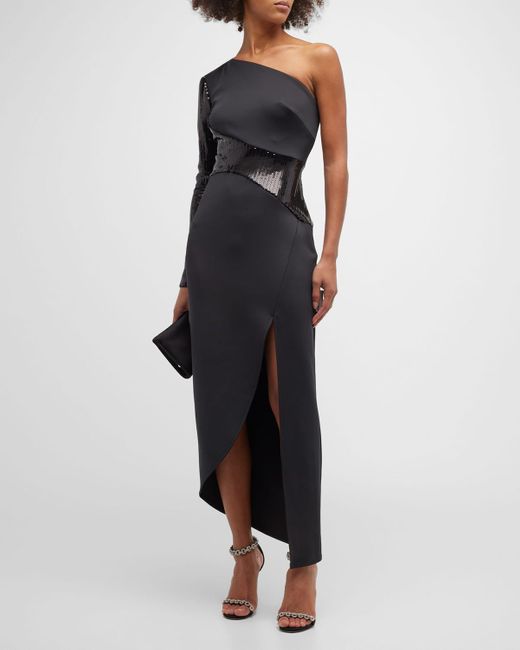 Sho Black Sequin-sleeve One-ulder Slit Dress