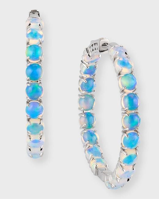 David Kord Blue 18k White Gold Hoop Earrings With Round Opals, 6.47tcw