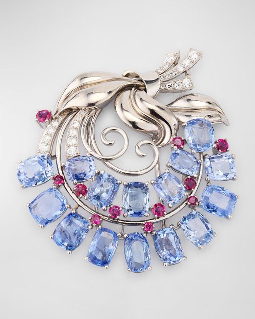 NM Estate Blue Estate Platinum And Palladium Floral Pin With Sapphires, Diamonds And Rubies