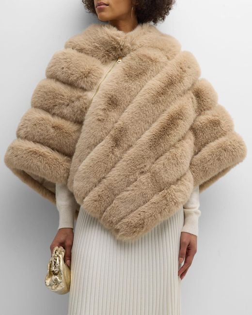 Kelli Kouri Natural Asymmetrical Zip Faux Fur Poncho