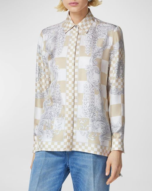 Versace White Baroque Crest Damier Print Long-Sleeve Silk Twill Collared Shirt
