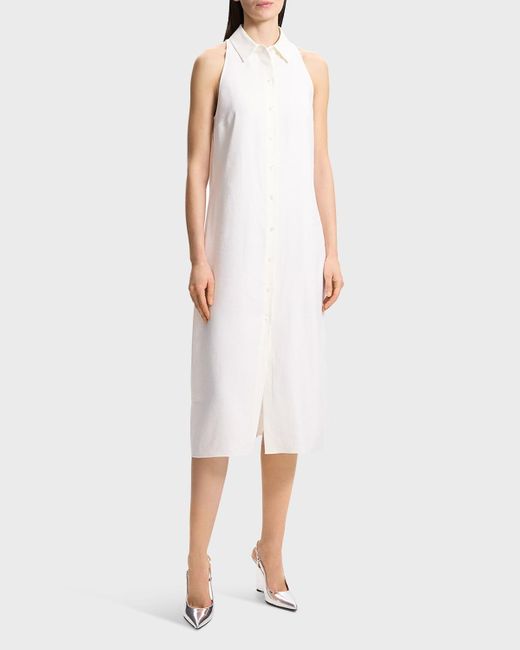 Theory White Halter Button-Front Sleeveless Collared Midi Dress