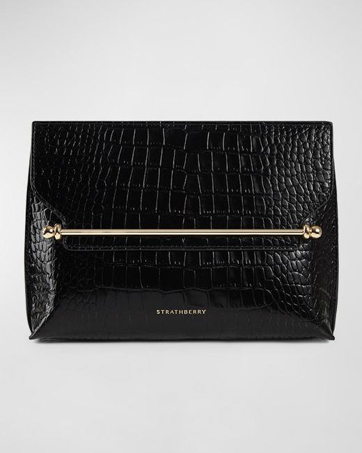 Strathberry Black Stylist Metal Bar Croc-embossed Leather Clutch Bag