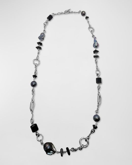 Stephen Dweck White Black Agate And Baroque Pearl Necklace In Sterling Silver