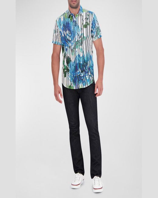 Robert Graham Blue Linen Floral-Print Short-Sleeve Shirt for men