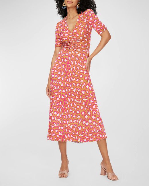 Diane von Furstenberg Red Koren Reversible Ruched Mesh Midi Dress