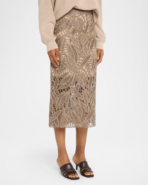 Brunello Cucinelli Natural Leaf-Pattern Openwork Midi Skirt