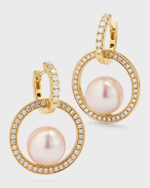 Pearls By Shari Metallic 18k Yellow Gold Akoya Pearl And Diamond Double Hoop Earrings, 9mm