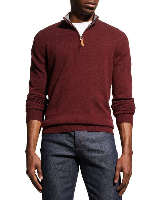 Neiman Marcus Red Wool-Cashmere 1/4-Zip Sweater for men