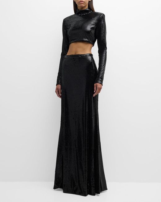 Roberto Cavalli Black Two-Piece Mock-Neck Long-Sleeve Sequined Gown