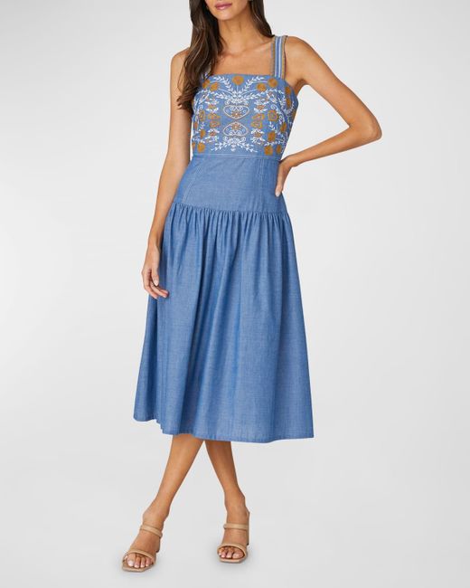 Shoshanna Blue Greta Embroidered Knee-Length Dress