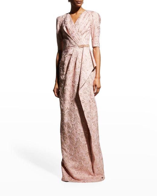 Teri Jon Pink Side-drape Stretch Metallic Jacquard Gown