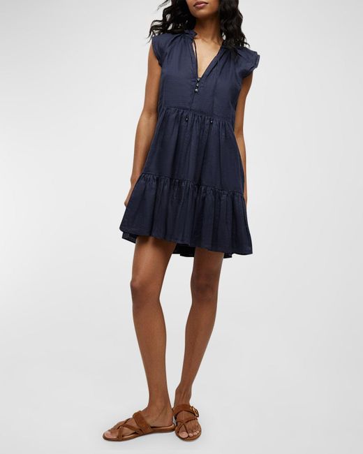 Veronica Beard Blue Zee Tiered Linen Flutter-Sleeve Mini Dress