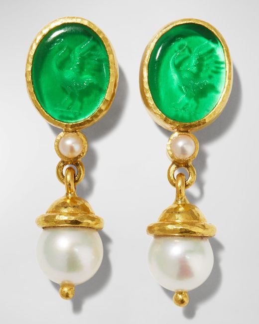 Elizabeth Locke Green 19k Crane Venetian Glass Intaglio Pearl-drop Earrings