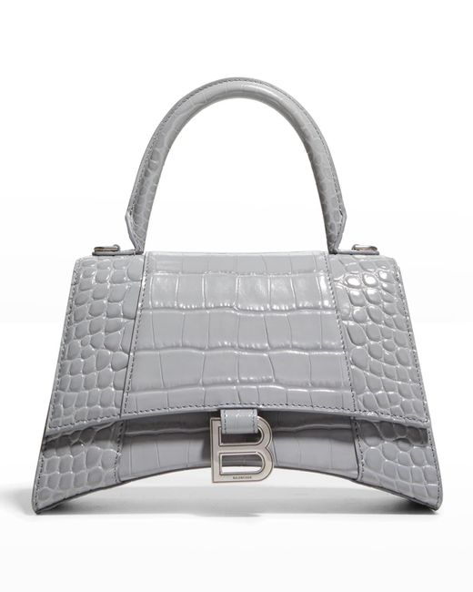 Balenciaga Gray Hourglass Small Shiny Croc-Embossed Top-Handle Bag