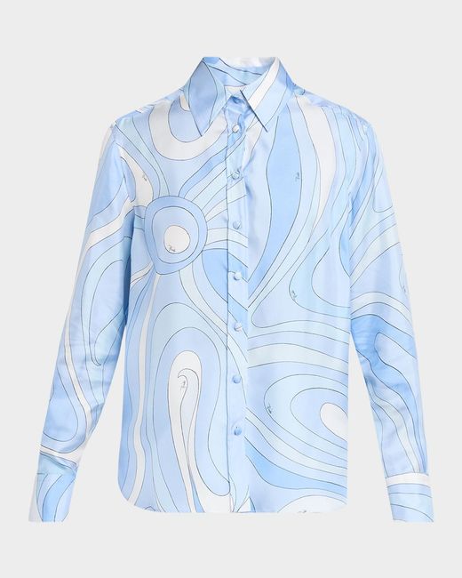 PUCCI Marmo-Print Silk Twill Button-Down Shirt in Blue | Lyst