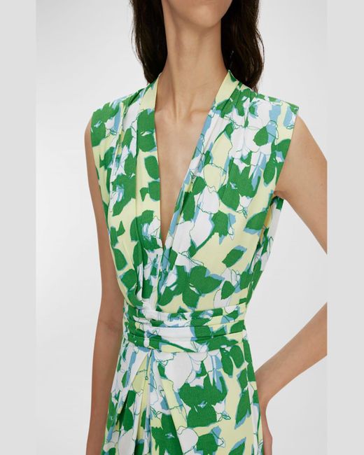 Diane von Furstenberg Green Livia Pleated Floral-Print Midi Dress