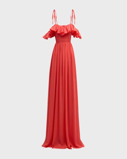 Giambattista Valli Red Ruffle Off-The-Shoulder Silk Georgette Gown
